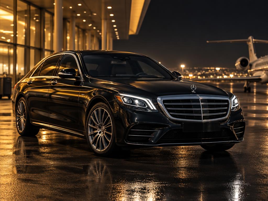 Black Mercedes-Benz S-Class sedan parked at an airport terminal at night