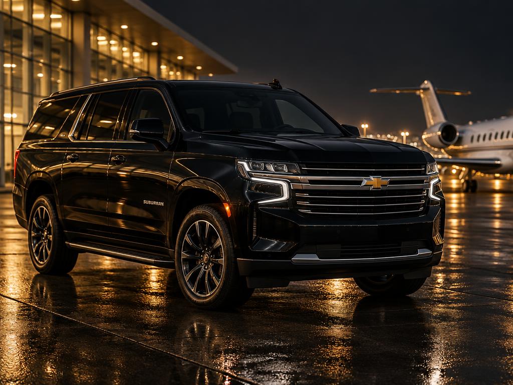 Black Chevrolet Suburban full-size SUV parked at an airport terminal at night