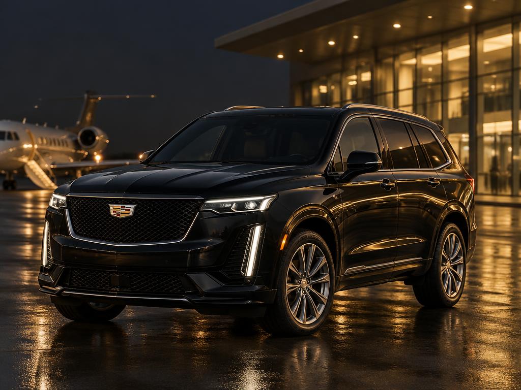 Black Cadillac XT6 luxury SUV parked at an airport terminal at night