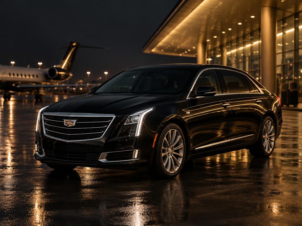 Black Cadillac XTS-L chauffeur sedan parked at an airport terminal at night