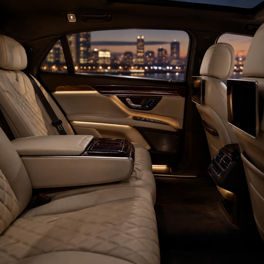 Cream quilted leather rear cabin of an executive sedan at dusk